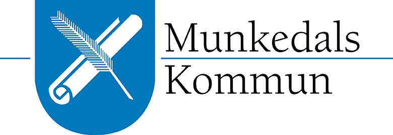 Munkedals kommuns logga med det blåa kommunvapnet där det i vitt ligger en pappersrulle och en fjäderpenna i kors.