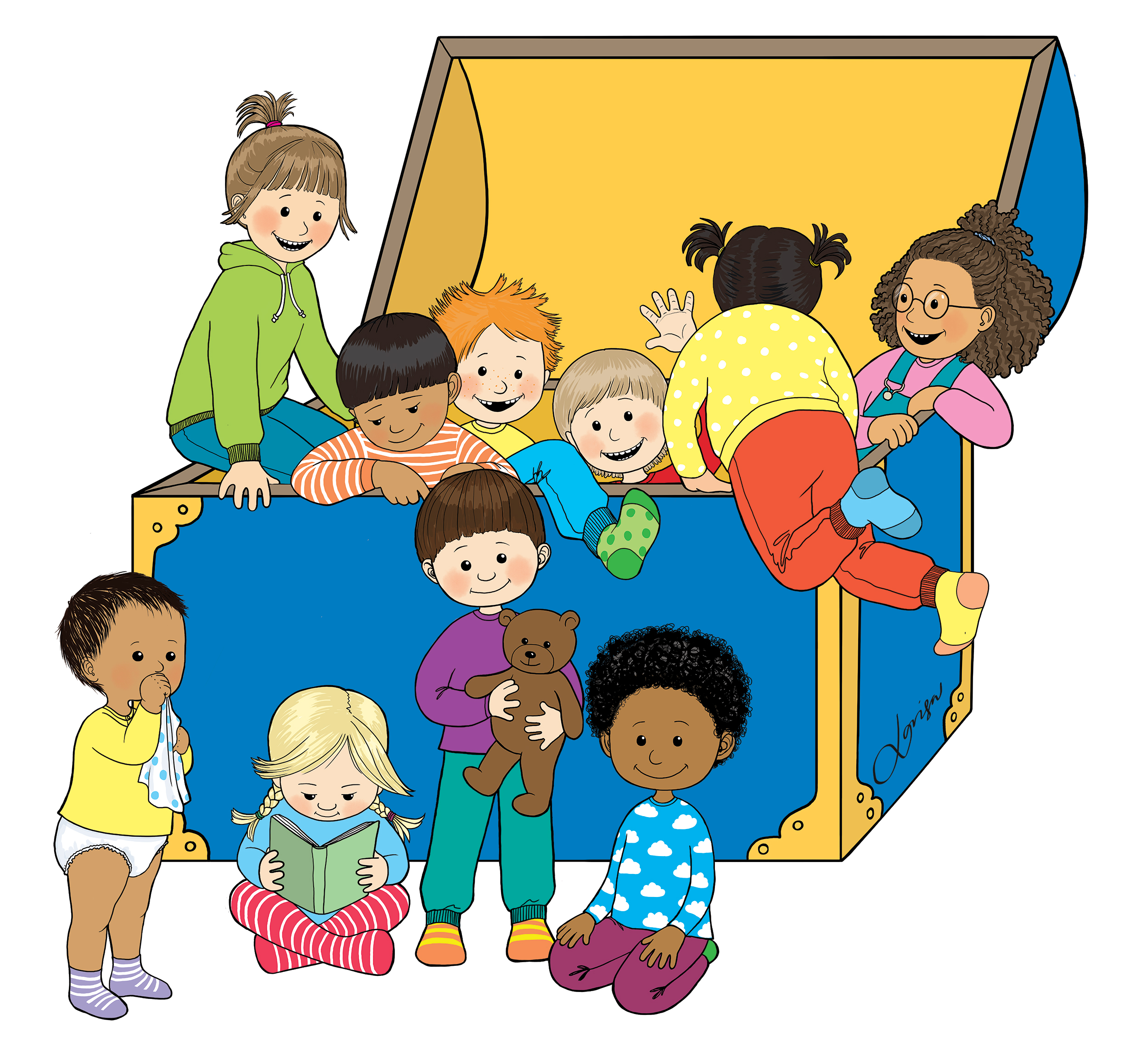 Illustrerad bild av en blå kista med gula metallkanter. I, på och runt kistan syns flera barn i olika åldrar.