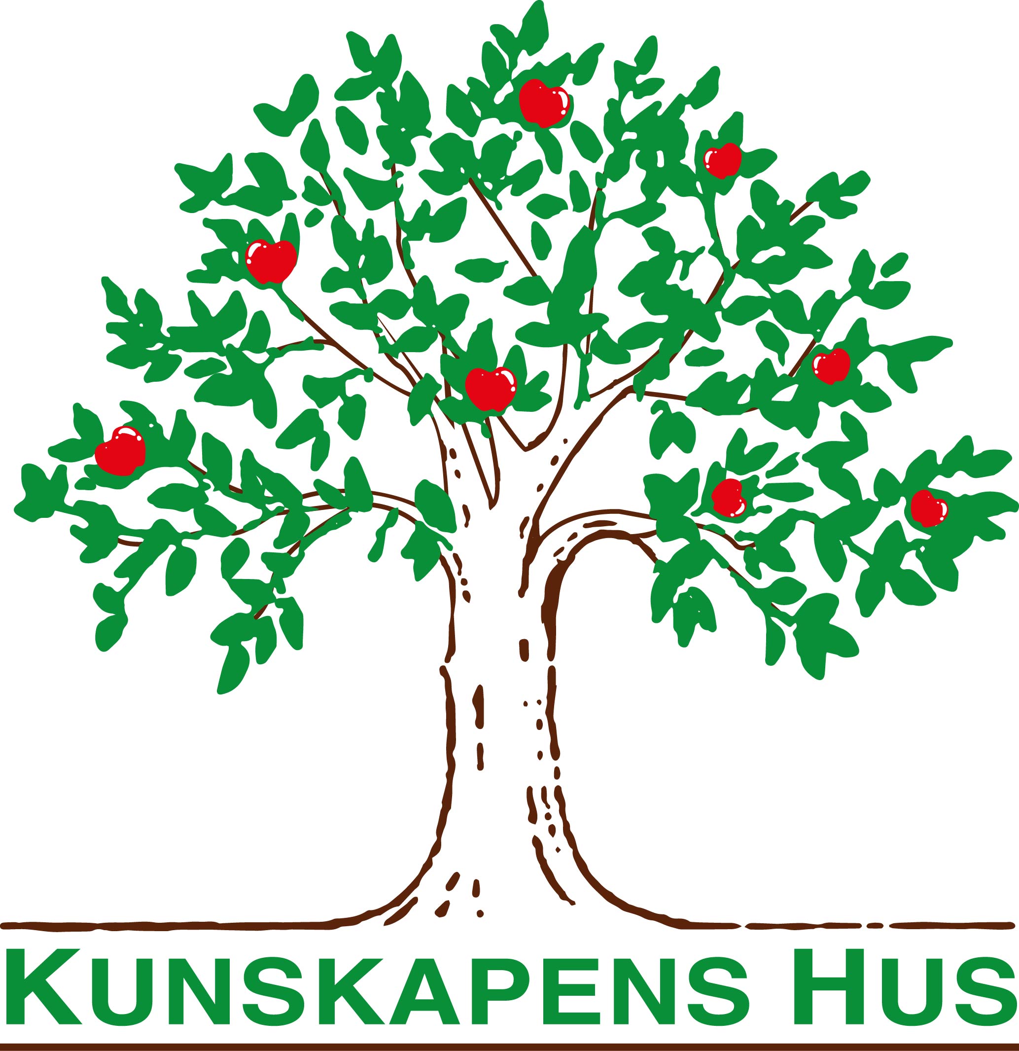 Bild på Kunskapens Hus logga. Loggan består av ett illustrerat äppleträd med vit stam, gröna löv och röda äpplen.