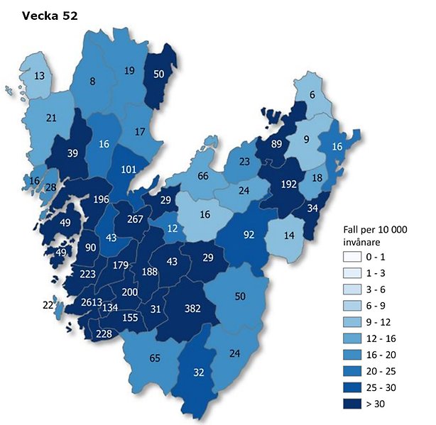 Kartbild vecka 52 över Västra Götaland som visar antal rapporterade smittfall med covid-19 per kommun (siffror) - samt antal fall per 10 000 invånare (färgskala).