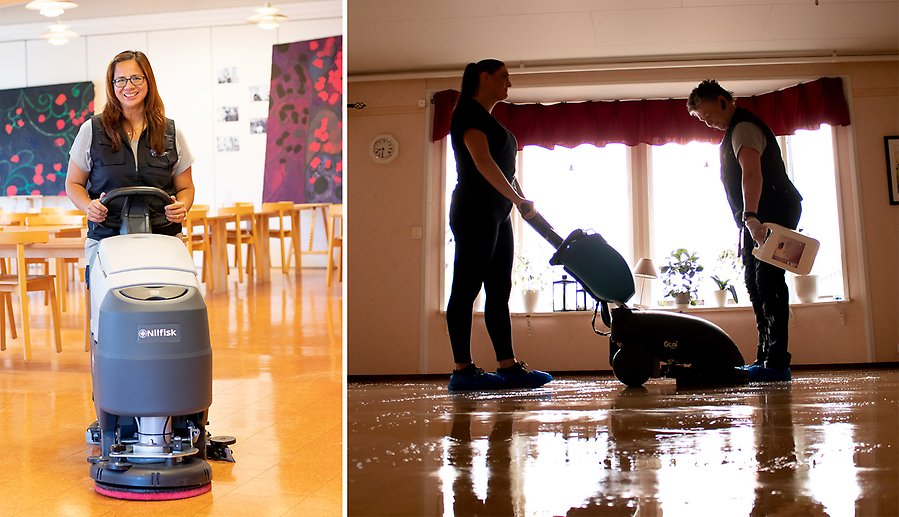 3 kvinnor utför golvvård med hjälp av speciella städmaskiner. 