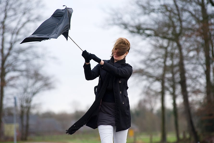 Bild på kvinna med paraply i hårda vindar
