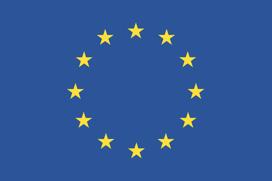Europeiska unionens flagga med 12 gula stjärnor i en cirkel mot en mörkblå botten.