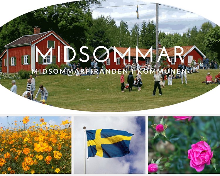 Bildkollage av fyra bilder. Översta bilden är på en folksamling som går på en gräsmatta på sommaren med röda hus i bakgrunden. Första bilden på nedre raden är på ett fält med orangea blommor, andra bilden är på den svenska flaggan i gult och blått, tredje bilden är på rosa rosor.