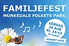 Collage av en blå himmel, en präskrage med en nässelfjäril på samt fyra noter. I text står det Familjefest Munkedals Folkets Park, Lördag 26 augusti, kl. 13-17, konsert 18:00.