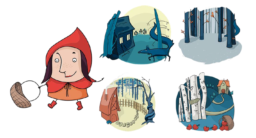 Fem tecknade småbilder på en vit bakgrund. Bilderna är från sagan om Rödluvan, och föreställer Rödluvan, Vargen, mormors hus, skogen, och Rödluvans hus.