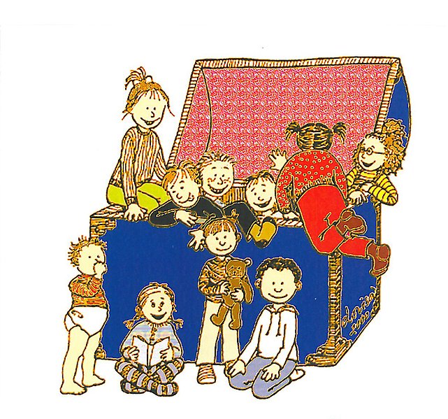 Tecknad illustration på barn i olika åldrar som sitter vid och i en stor skattkista.