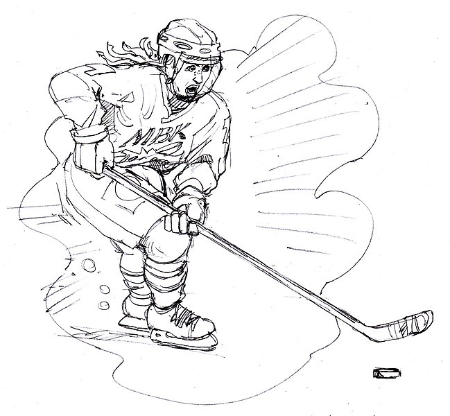 Teckning av en tjej som spelar hockey.