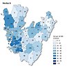 Kartbild vecka 6 över Västra Götaland som visar antal rapporterade smittfall med covid-19 per kommun (siffror) - samt antal fall per 10 000 invånare (färgskala).