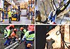 Collage av fyra bilder som visar truckförare, beskärning av träd, motorsågsarbete och vinkelslipsarbete.