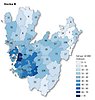 Kartbild vecka 8 över Västra Götaland som visar antal rapporterade smittfall med covid-19 per kommun (siffror) - samt antal fall per 10 000 invånare (färgskala).