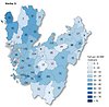Kartbild vecka 3 över Västra Götaland som visar antal rapporterade smittfall med covid-19 per kommun (siffror) - samt antal fall per 10 000 invånare (färgskala).