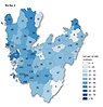 Kartbild vecka 2 över Västra Götaland som visar antal rapporterade smittfall med covid-19 per kommun (siffror) - samt antal fall per 10 000 invånare (färgskala).