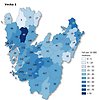 Kartbild vecka 1 över Västra Götaland som visar antal rapporterade smittfall med covid-19 per kommun (siffror) - samt antal fall per 10 000 invånare (färgskala).