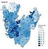 Kartbild vecka 53 över Västra Götaland som visar antal rapporterade smittfall med covid-19 per kommun (siffror) - samt antal fall per 10 000 invånare (färgskala).