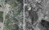 Flygfoton över Munkedal. Bilden är avdelad lodrätt på mitten av ett vitt streck. På höger sida av sträcket syns ett svartvitt flygfoto över Munkedal, på vänster sida syns ett flygfoto i färg på nutida Munkedal.