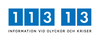 Informationsnumret 113 13:s logotyp. I varsin blå rektangel står det en siffra i 113 13 i vita siffror. Nedanför står det Information vid olyckor och kriser i svart text.