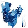 Kartbild vecka 52 över Västra Götaland som visar antal rapporterade smittfall med covid-19 per kommun (siffror) - samt antal fall per 10 000 invånare (färgskala).