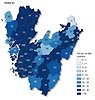 Kartbild vecka 51 över Västra Götaland som visar antal rapporterade smittfall med covid-19 per kommun (siffror) - samt antal fall per 10 000 invånare (färgskala).