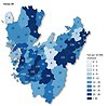 Kartbild vecka 49 över Västra Götaland som visar antal rapporterade smittfall med covid-19 per kommun (siffror) - samt antal fall per 10 000 invånare (färgskala).