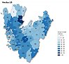 Kartbild vecka 15 över Västra Götaland som visar antal rapporterade smittfall med covid-19 per kommun (siffror) - samt antal fall per 10 000 invånare (färgskala).