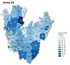 Kartbild vecka 16 över Västra Götaland som visar antal rapporterade smittfall med covid-19 per kommun (siffror) - samt antal fall per 10 000 invånare (färgskala).