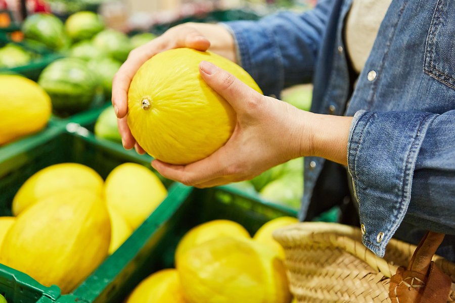 Närbild på en persons händer som håller i en gul honungsmelon. Nedanför syns flera backar med meloner och längre bort gröna vattenmeloner.