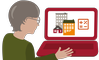 Illustrerad bild på en person med grått hår och glasögon. Personen sitter framför en dator där bilder på hus och tecken för plus, division, minus och lika med visas.
