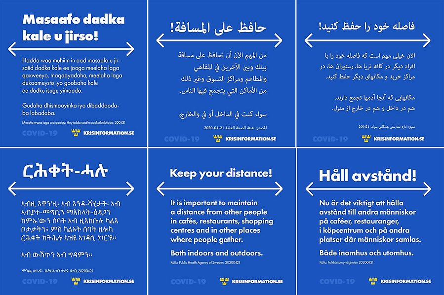 Collage med budskap från krisinformation.se om att hålla avstånd på flera olika språk
