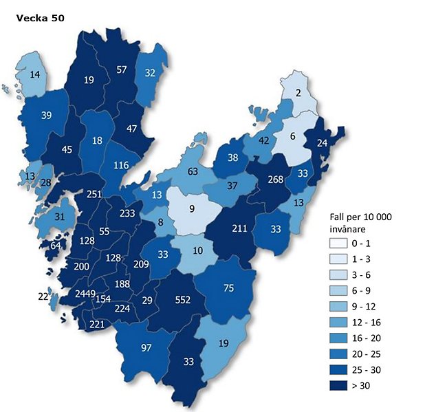 Kartbild vecka 50 över Västra Götaland som visar antal rapporterade smittfall med covid-19 per kommun (siffror) - samt antal fall per 10 000 invånare (färgskala).