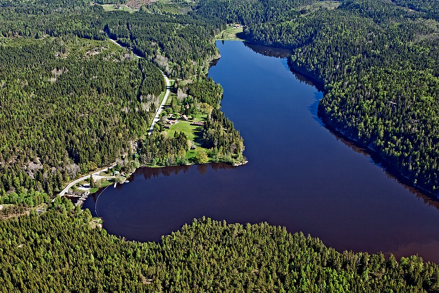 Flygfoto över en sjö som ser ut som ett hjärta. Runt sjön ligger skog. Till vänster i bild går en väg på ena sidan av sjön.