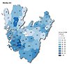 Kartbild vecka 11 över Västra Götaland som visar antal rapporterade smittfall med covid-19 per kommun (siffror) - samt antal fall per 10 000 invånare (färgskala).