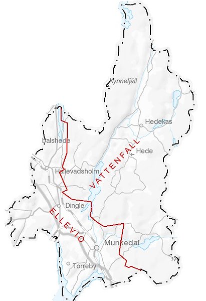 Karta visande elnätsområden. Ellevio i södväst inklusive tärtorterna Munkedal, Dingle och Hällevadsholm. Vattenfall i nordöst.
