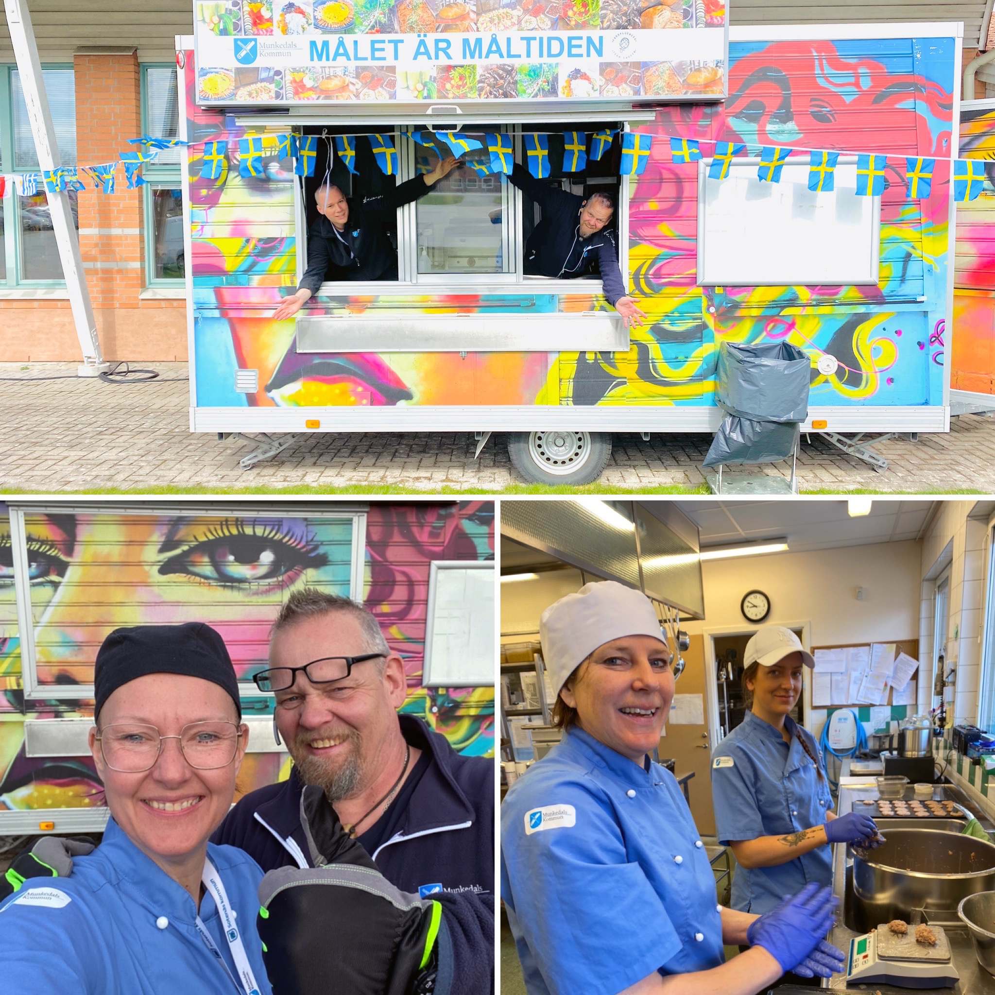 Collage av tre bilder. På den översta syns en foodtruck målad i glada färger. Två personer sträcker glatt ut sina armar ur luckorna. På de övriga bilderna syns personal från måltidsavdelningen.