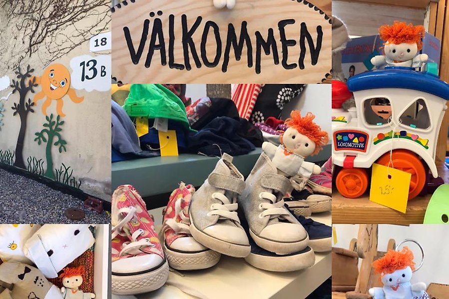 Bild på barnkläder och leksaker. Skylt med texten välkommen.