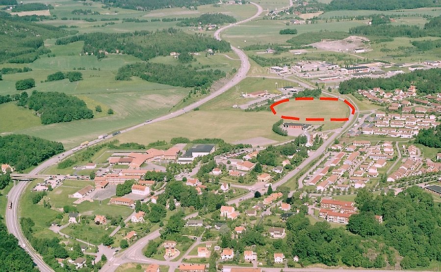 Flygfoto visande området tegelverkstomten bortanför brandstationen