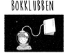 Svartvit, tecknad bild på en pojke i en astronautdräkt i rymden med en bok.