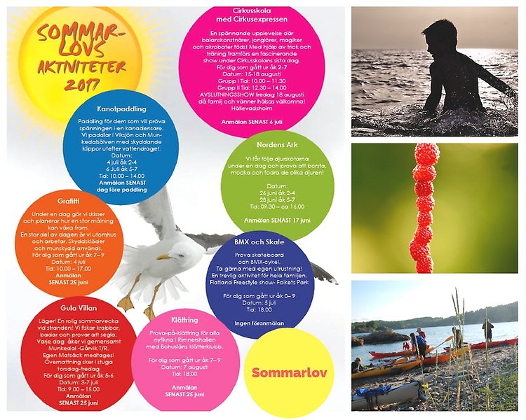 Bild på program av sommarlovsaktiviter. All information om aktiviteterna återfinns i texten på denna sida. Även bild på ett barn som badar i havet, bild på röda smultron på ett grässtrå och på personer som paddlar kajak.