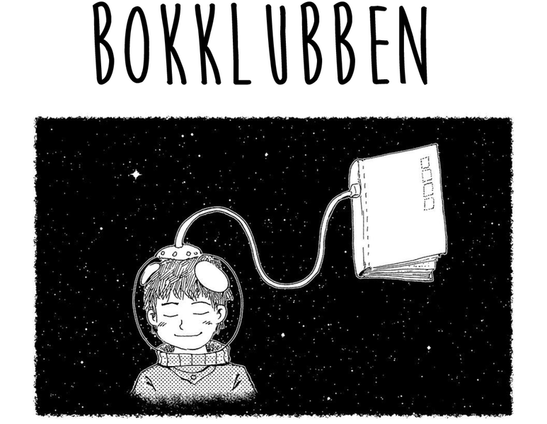 Svartvit, tecknad bild på en pojke i en astronautdräkt i rymden med en bok.